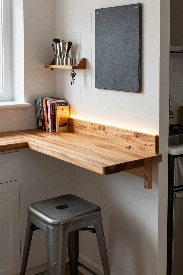 A light wood floating desk mounted on brackets in a white tiled corner, with books stacked on the left side, under-cabinet lighting, and a metal stool below.