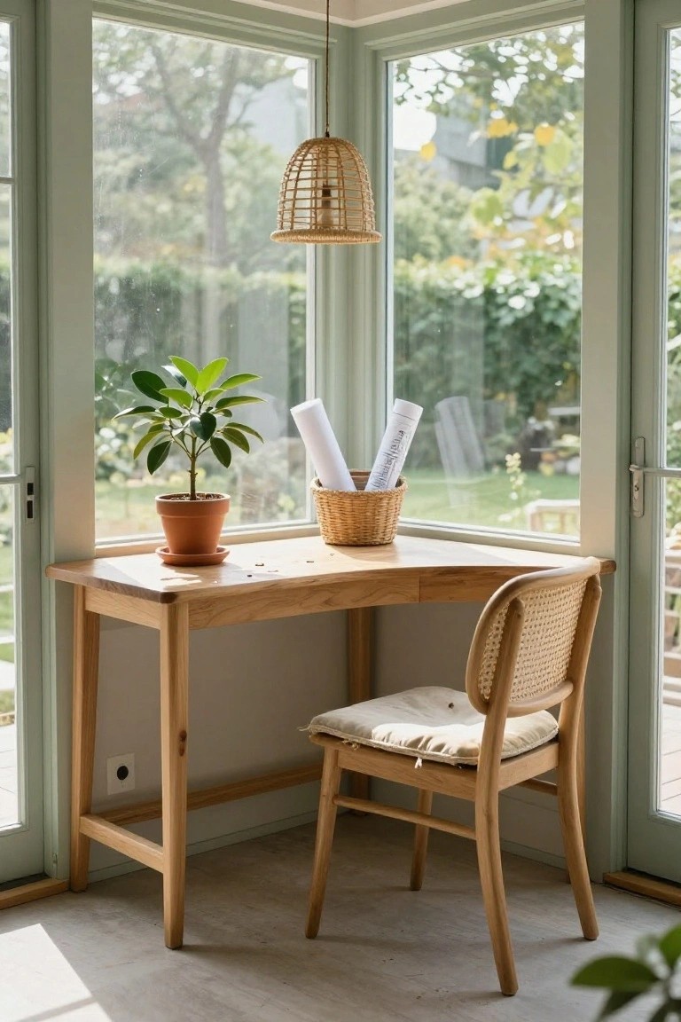 Wooden desk with chair, plant, and woven basket near window.