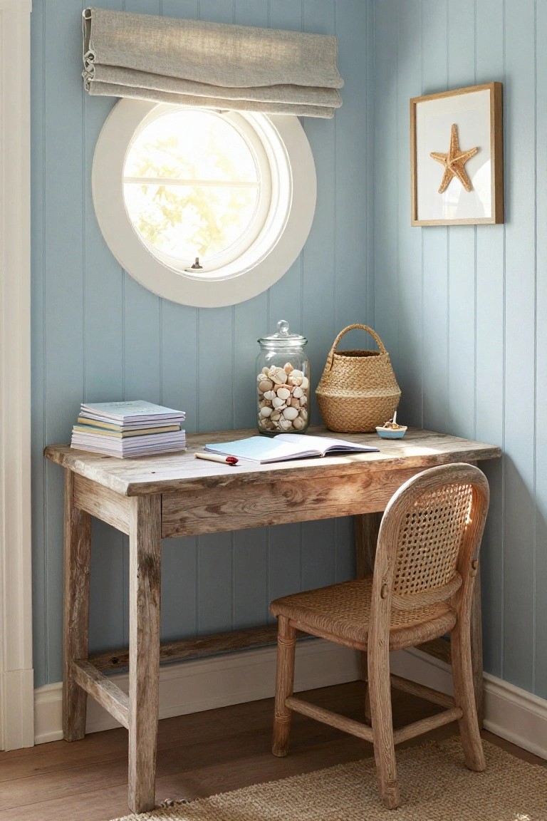 A rustic wooden desk with a woven chair is placed in a blue-walled corner beneath a round window, with a stack of books, an open notebook, a glass jar of shells, and a woven basket on the desk.