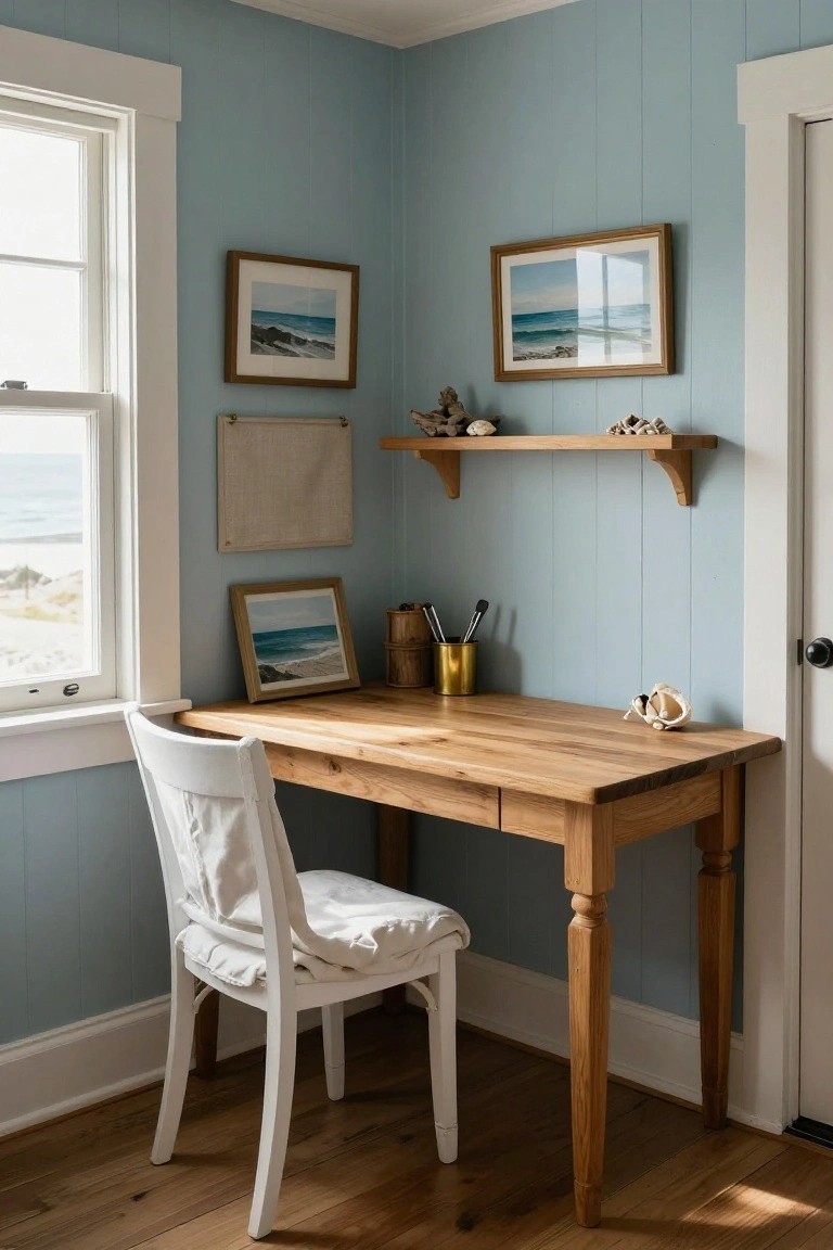 A light wood desk sits in the corner of a room with pale blue walls, a white chair pulled up to it, framed pictures on the wall, and a window to the left.