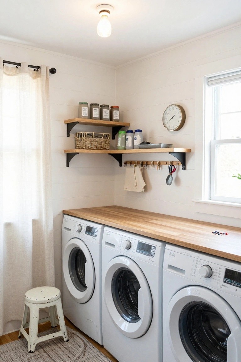 Laundry room with three white washers, wooden counters, and wall shelves.