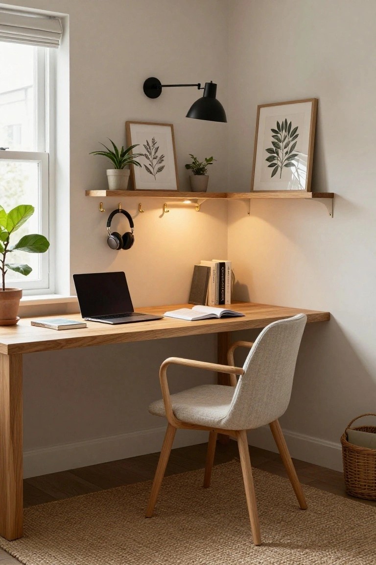 A wooden corner desk with a laptop and open book sits beneath floating wood shelves holding framed prints and small plants, with a black wall lamp and warm under-shelf lighting.