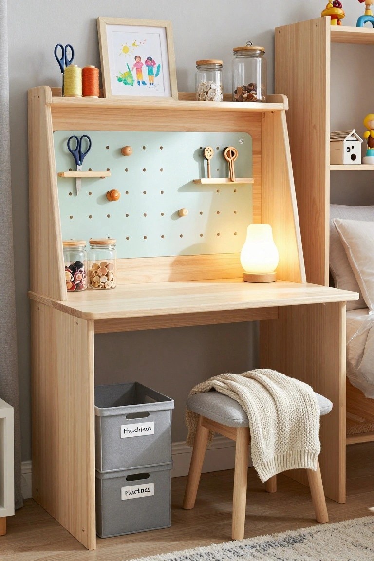 Wooden children's desk with pegboard, lamp, stool, and storage bins.