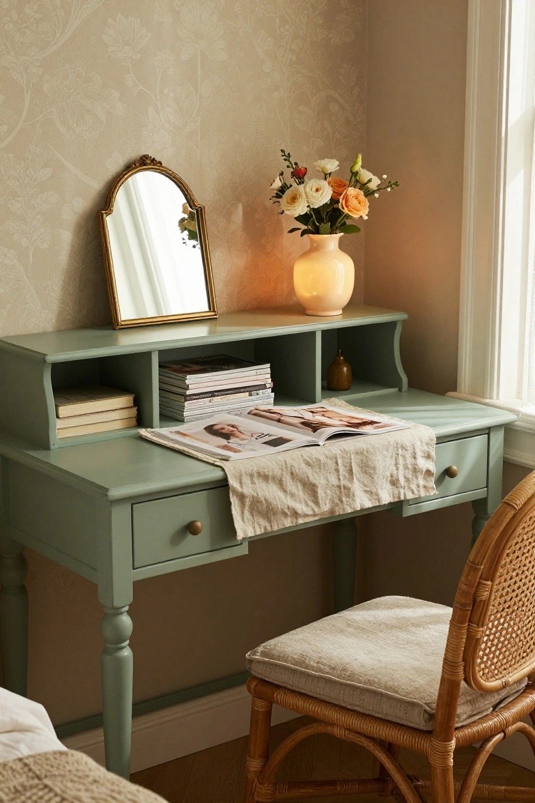 A sage green desk with open upper cubbies holding stacks of books and magazines, a small mirror on top, and a vase of flowers beside a rattan chair.