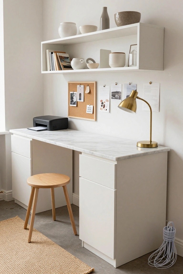 Modern white desk with marble top, gold lamp, and wooden stool.