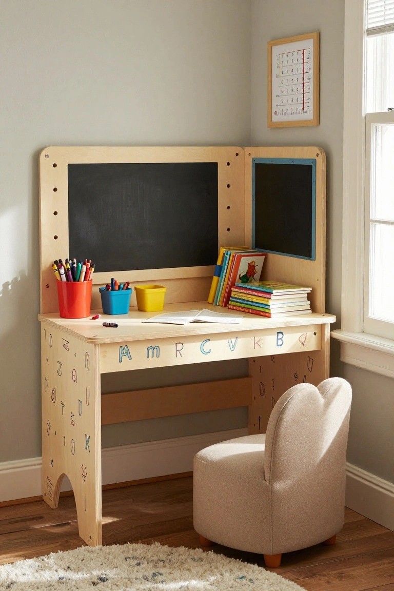 A light wood corner desk with two chalkboard panels, colorful cups, books, and a small upholstered chair in a child's room.