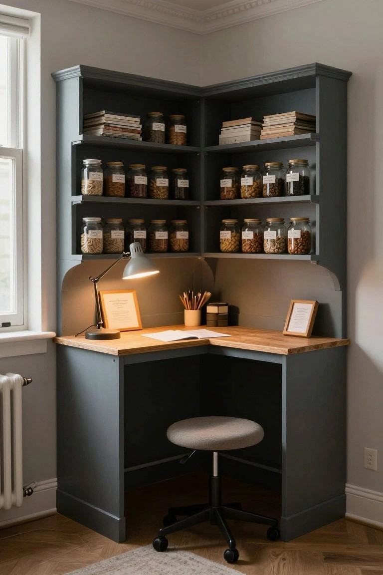 A corner workspace with dark gray built-in cabinetry, open shelves holding books and labeled glass jars, a light wood desktop, and a gray upholstered stool.