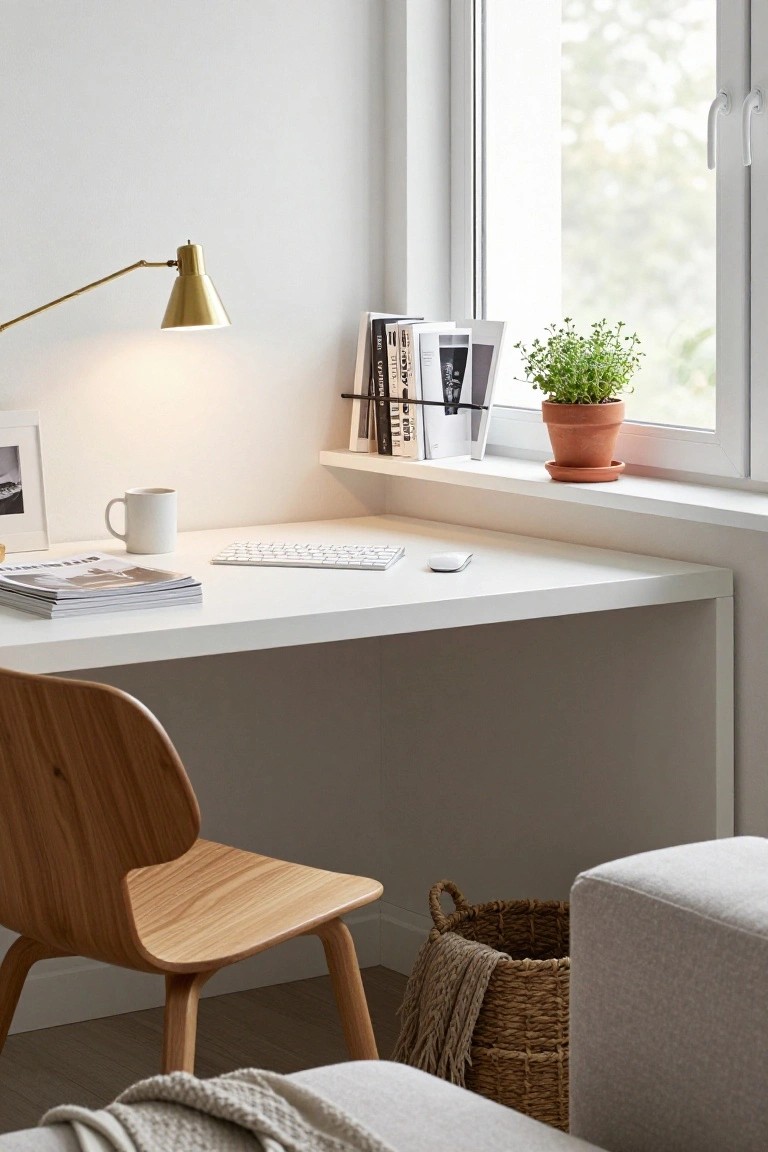 A white corner desk built under a window with a wooden chair, wireless keyboard, and a few items on the desk and windowsill ledge.