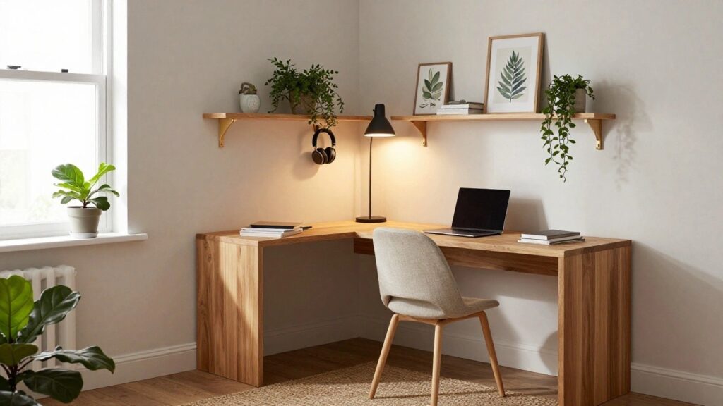 A wooden corner desk with a laptop and open book sits beneath floating wood shelves holding framed prints and small plants, with a black wall lamp and warm under-shelf lighting.