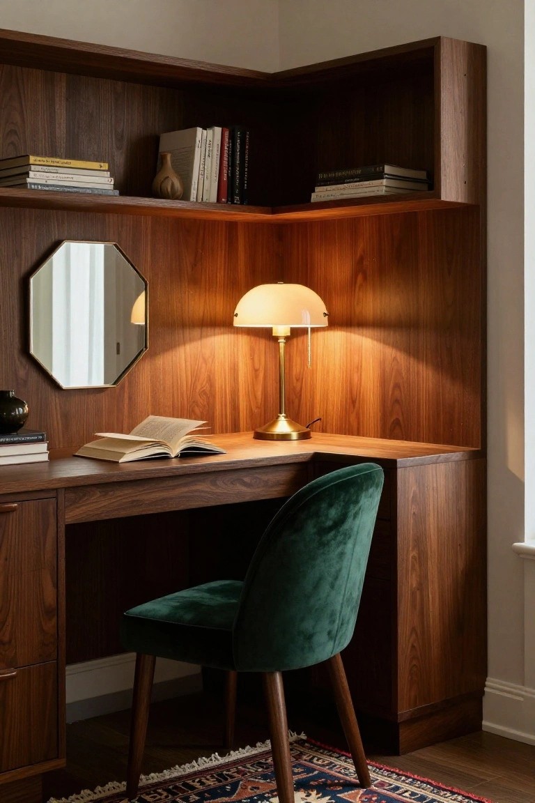 Mid-century wooden desk with green velvet chair, glowing lamp, and bookshelves.
