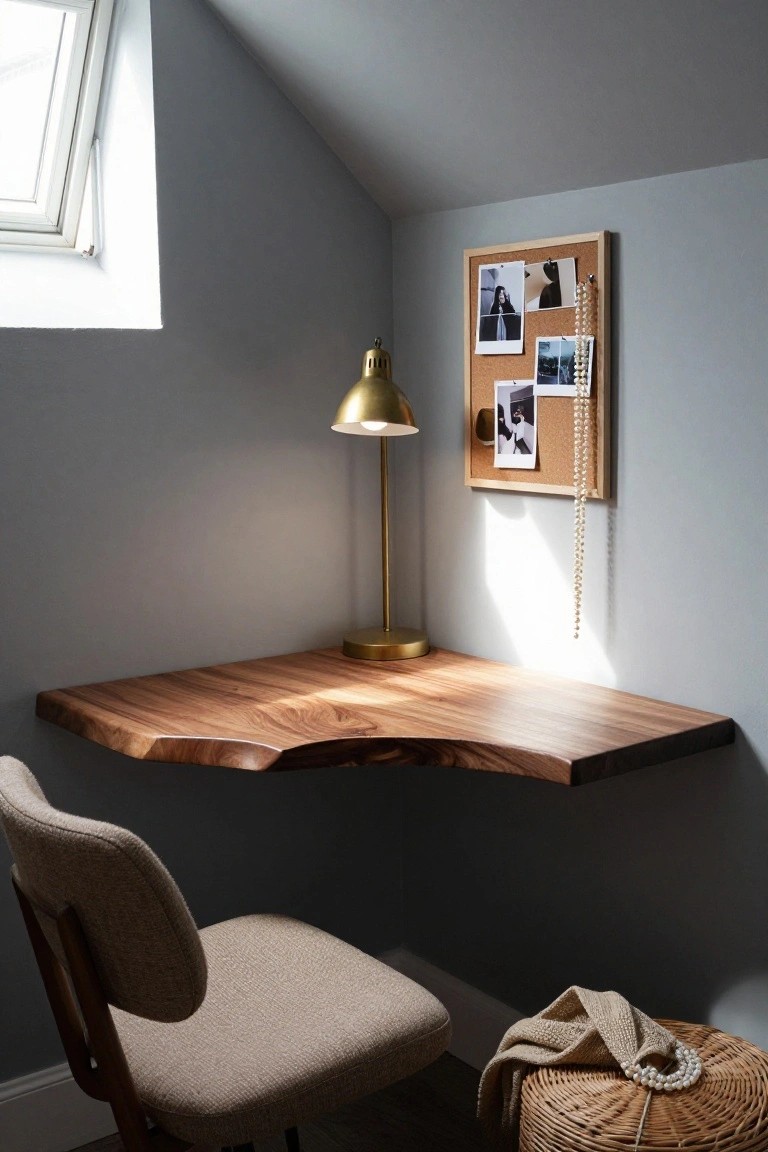 A wooden live edge desk mounted in a gray corner with a brass lamp, a corkboard above it, and a fabric chair in front.
