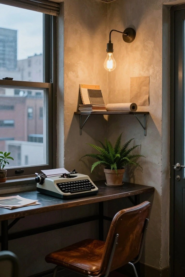A corner desk setup with a vintage typewriter, potted fern, and wooden shelf holding papers and a scroll on a textured wall.