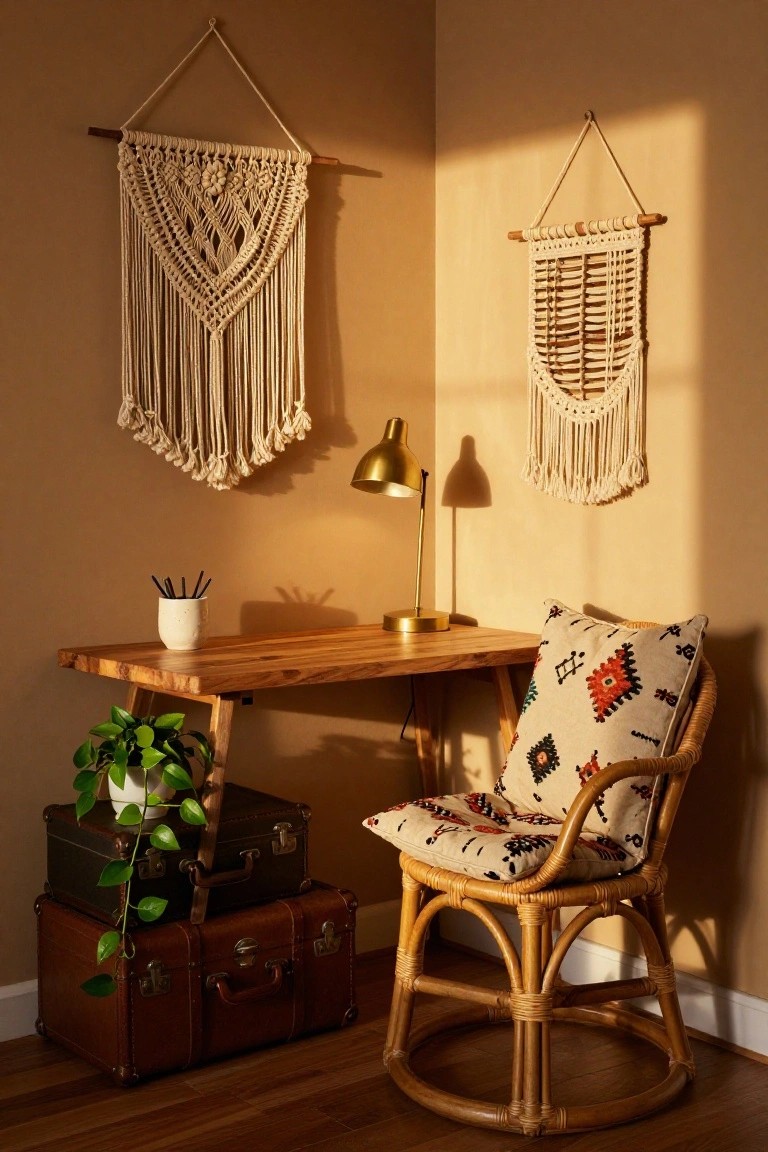 Warm boho corner with wooden desk, rattan chair, macramé hangings, and vintage trunks.