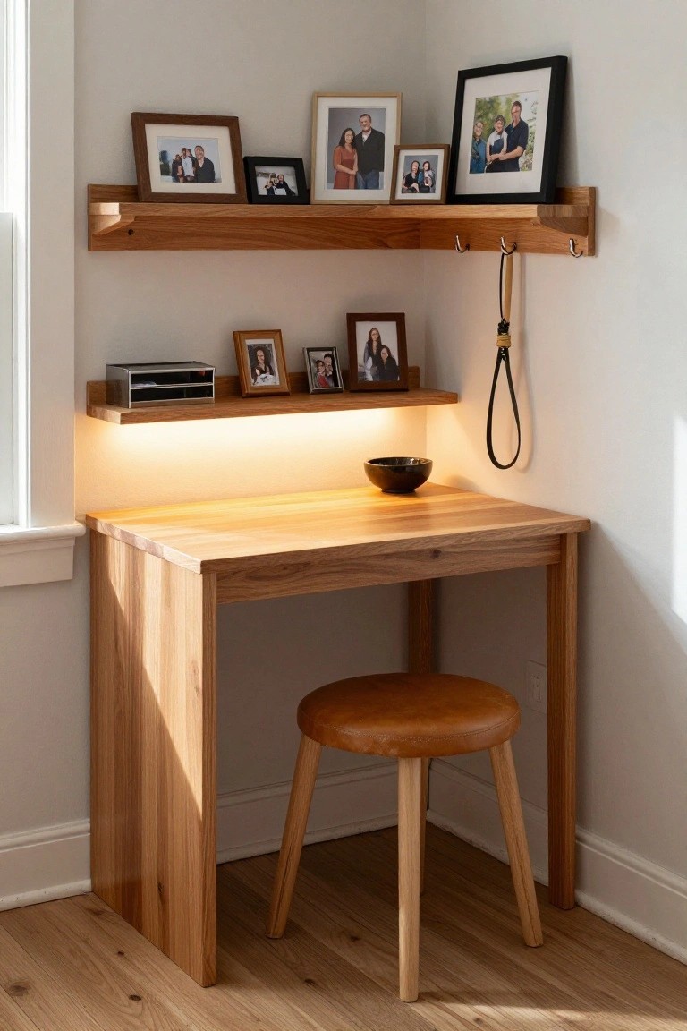 Wooden corner desk with floating shelves, photos, leather stool, and warm lighting.