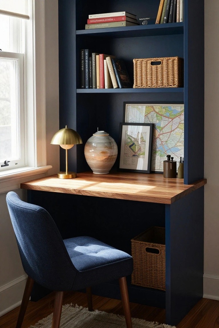 A wooden corner desk built into a dark blue alcove with open shelves above holding books and a wicker basket, a blue upholstered chair pulled up to the desk, and framed maps leaning against the back wall.
