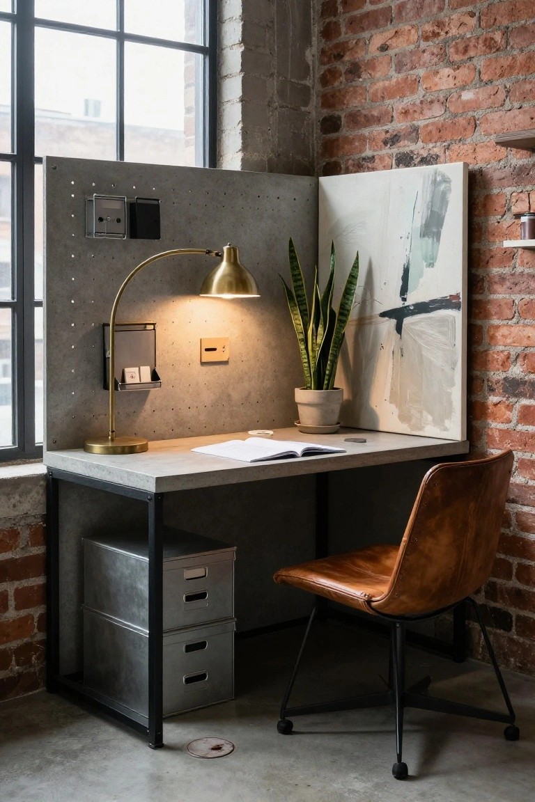 Industrial desk with leather chair, brass lamp, and concrete wall.