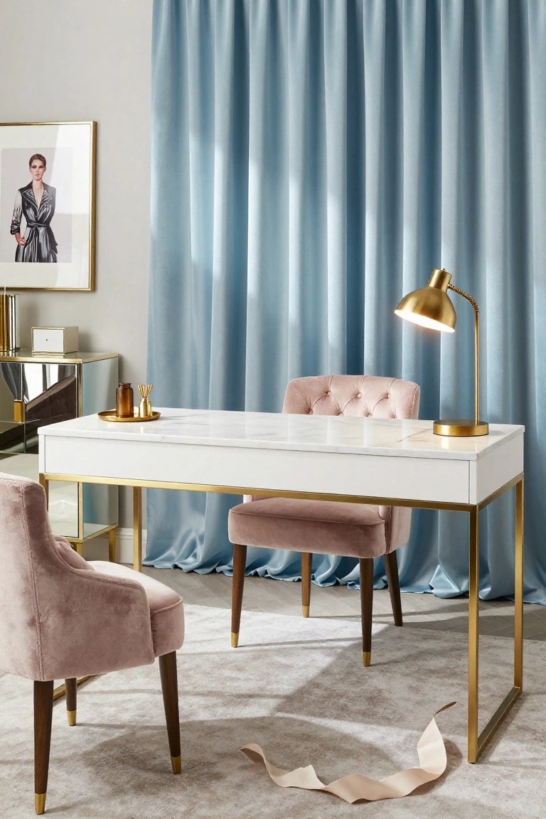 Home office with a white marble-topped desk on gold legs, two matching blush pink velvet tufted chairs, a gold desk lamp, blue curtains, and a mirrored sideboard.