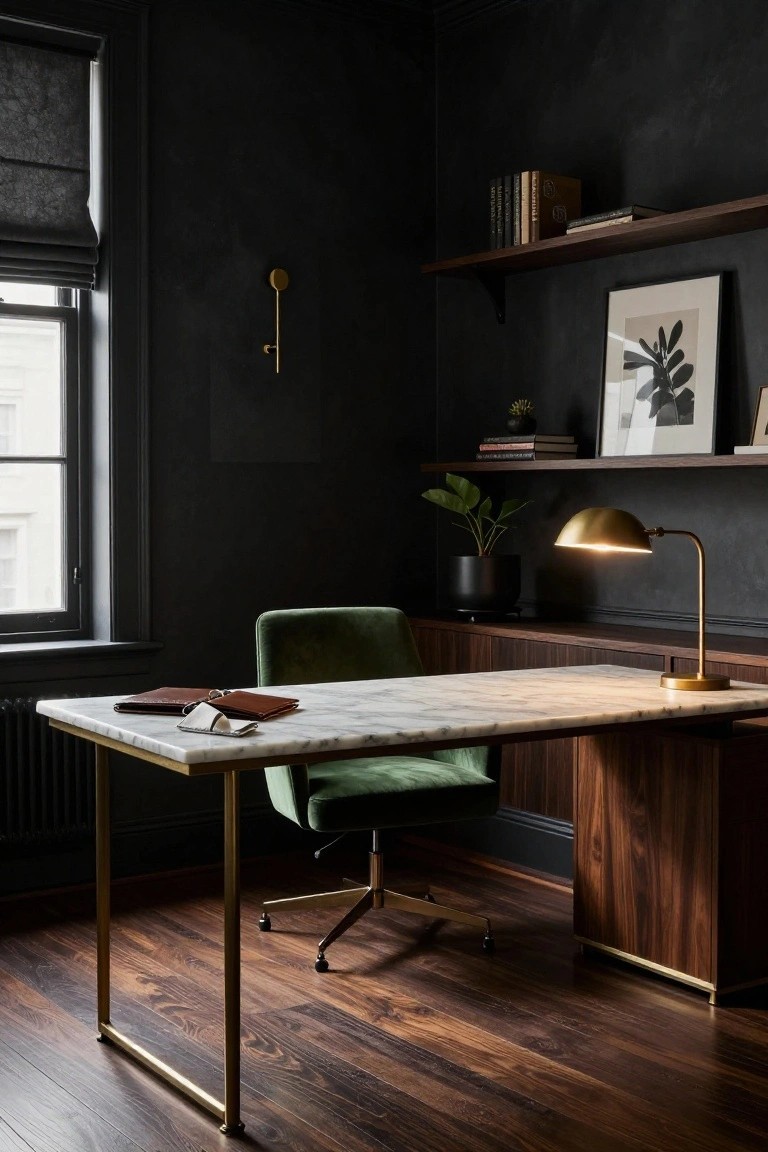 A moody home office featuring dark textured walls, walnut built-in shelves, a white marble-top desk with brass legs and matching chair frame, emerald green velvet office chair, gold desk lamp, and potted plants.