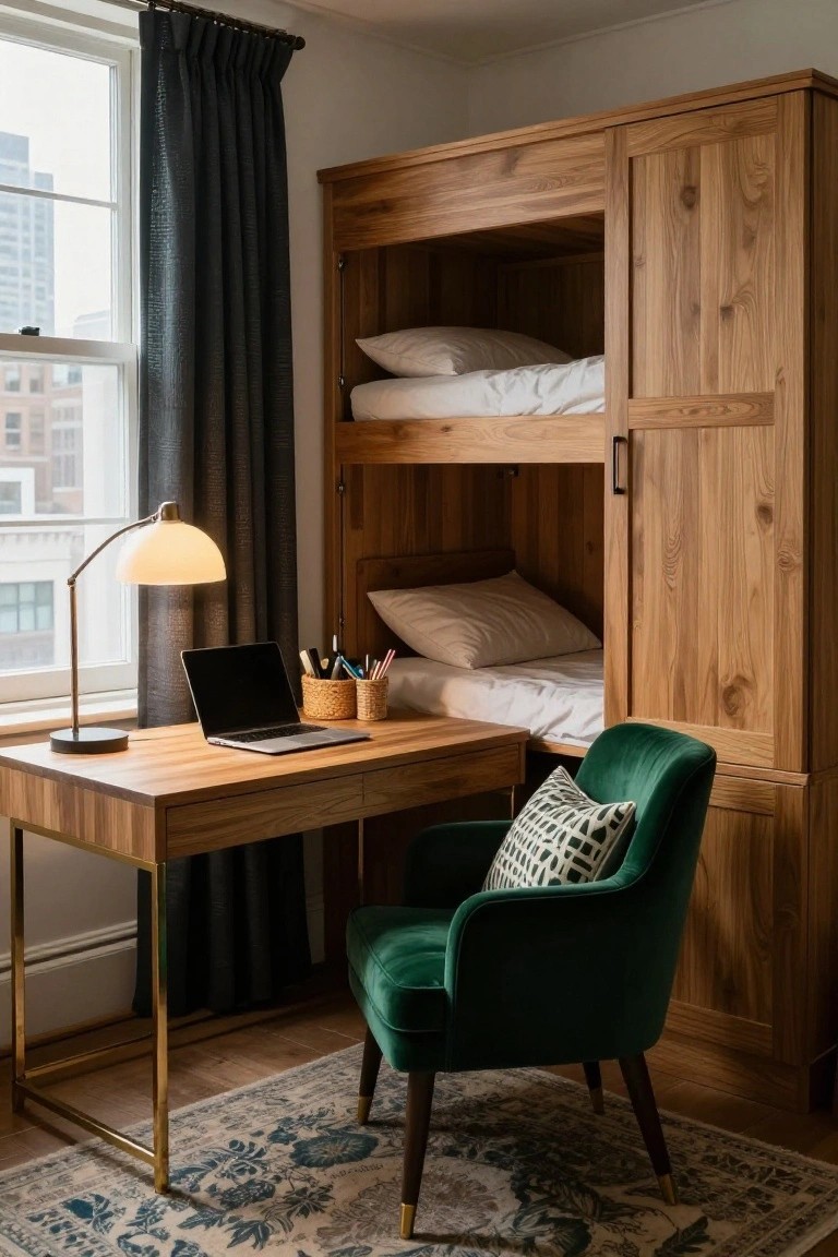 Wooden built-in bunk bed unit with lower bed, upper bunk, and integrated desk below in a bright room with window, green chair, and lamp.