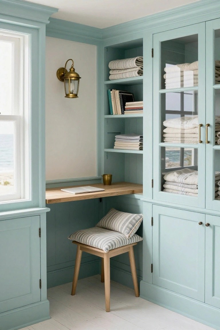 Corner built-in cabinetry in pale blue with open shelves stocked with folded towels, linens, and books, a wooden desk holding an open notebook and mug, a cushioned stool, brass wall lamp, and window with sea view.