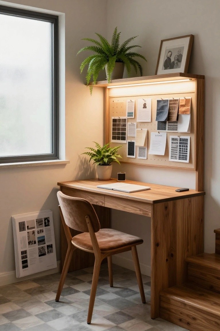 Wooden built-in desk with overhead cabinet featuring pegboard panels holding pinned papers, photos, fabric samples, and plants, plus integrated LED lighting, in a room with a frosted window, potted ferns, and a velvet chair.
