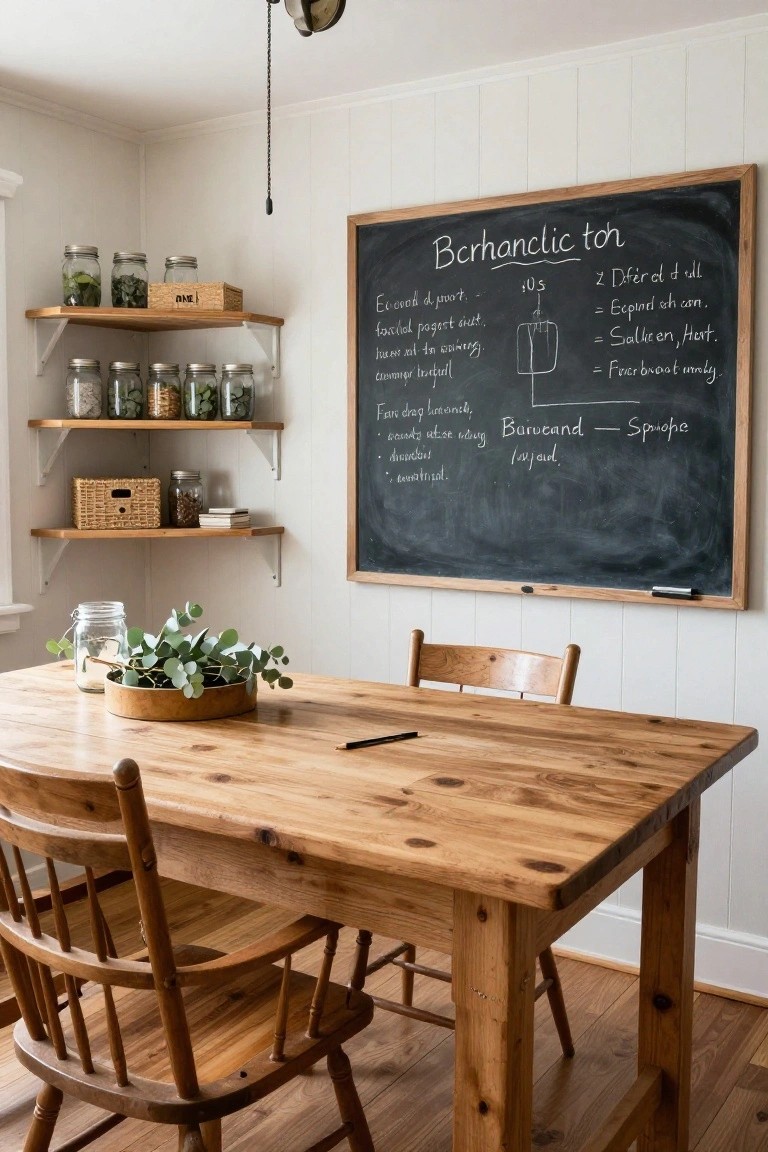Cozy interior with white shiplap walls, wooden farmhouse table and chairs, shelves stocked with glass jars of herbs and spices, potted eucalyptus on the table, and a large chalkboard displaying handwritten lists in Norwegian.