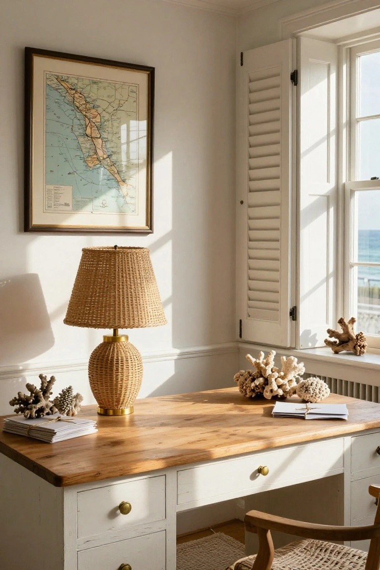 White desk with oak top and brass knobs in a sunlit room, rattan lamp, coral and shell decorations, stacked letters, framed coastal map on wall, open shutters on window showing ocean view.