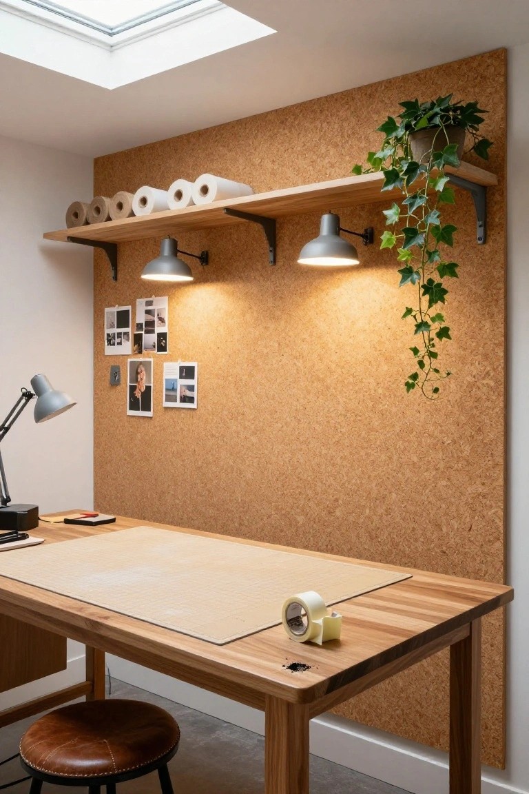 Home office with large corkboard wall covered in pinned photos, wooden shelves holding paper rolls and potted ivy plant, wall-mounted lamps, wooden desk topped with mat and tape roll, and leather stool.