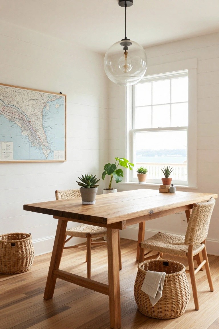 A small home office nook with a light wooden trestle table, two rattan chairs, potted succulents and plants on the windowsill and table, a framed map of the Florida coast on the shiplap wall, wicker baskets on the floor, and a large globed pendant light overhead.