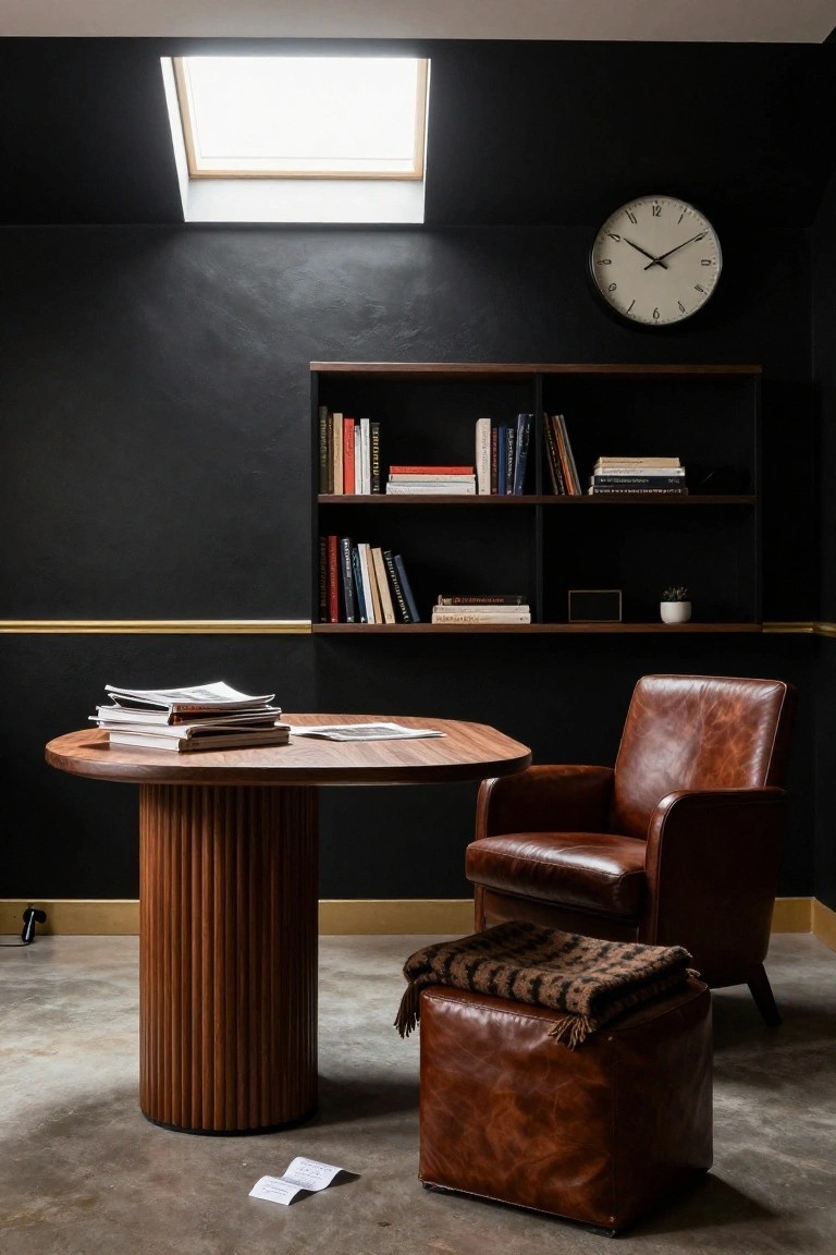 A home office with matte black walls, wood wall shelves holding books and a plant, a round fluted walnut pedestal table topped with stacked papers, a leather armchair, a leather ottoman with throw, wall clock, and skylight.