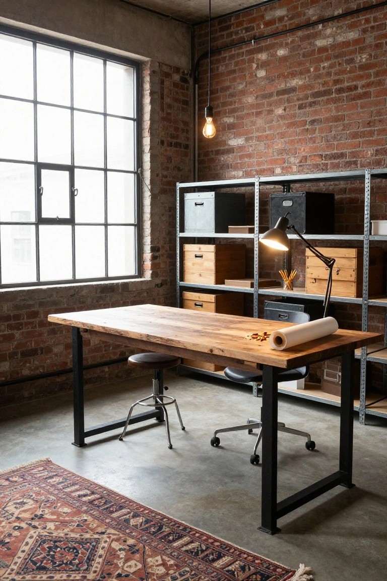 Home office with exposed brick walls, wooden desk on black metal legs, metal shelving units stocked with boxes and files, large multipane windows, adjustable desk lamp, two chairs, and patterned rug on concrete floor.