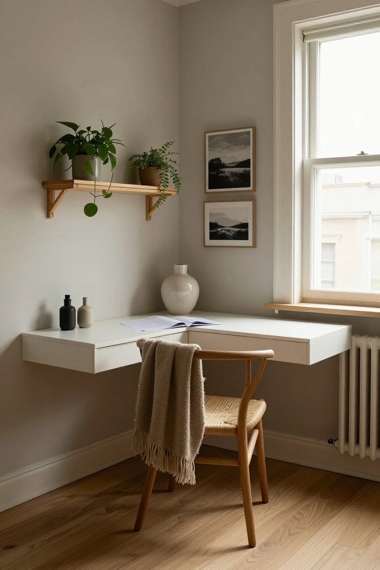 White floating corner desk with open book and small bottles on top, wooden wall shelf with potted plants above, large white vase and small ceramics nearby, tan rattan chair with beige knit throw draped over it, next to window and radiator in light gray room with oak floors.
