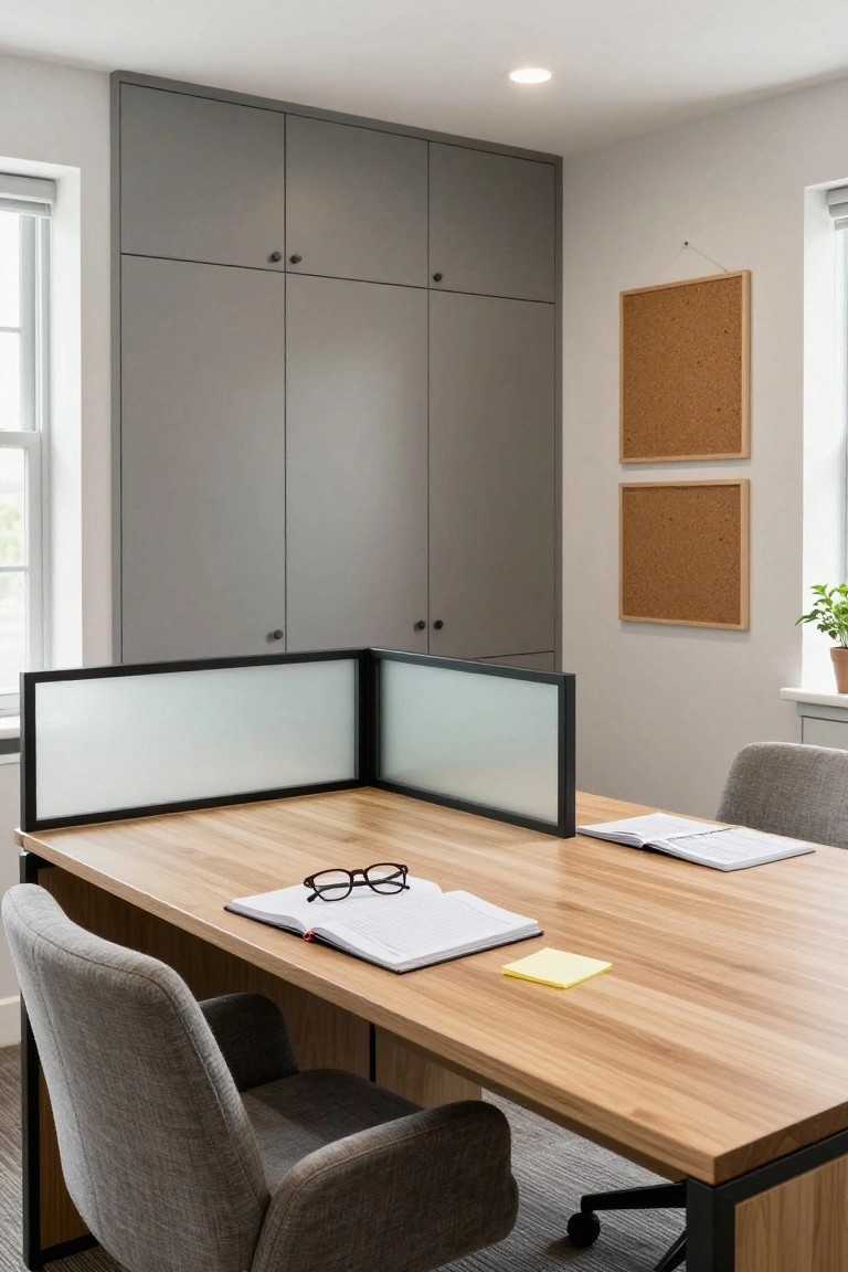 A home office with two gray upholstered chairs at wood desks separated by black-framed frosted glass panels, open notebooks and glasses on the desk, tall gray cabinets on one wall, and corkboards nearby.