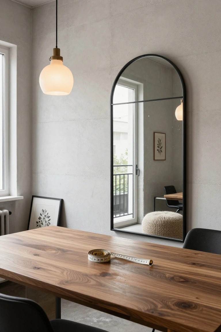 A home office interior featuring a large arched black-framed mirror on a light gray wall, a wooden table with a coiled measuring tape, black chairs, a pendant light, framed botanical prints, and a window with balcony view.