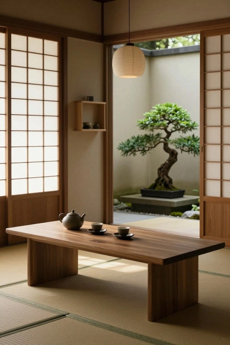 Japanese-style interior room with tatami floor mats, low rectangular wooden table holding a teapot and two cups on saucers, shoji screen walls, wooden shelf, and sliding doors open to a small courtyard garden featuring a potted bonsai tree on a stone base.