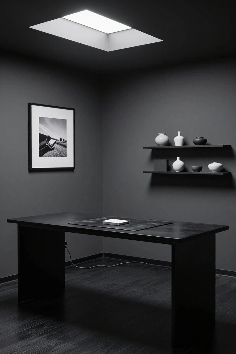 Corner view of a minimalist home office featuring dark gray walls and black wood floor, a black desk with white paper and leather mat, floating black shelves with white ceramics, a black-framed black-and-white landscape photo, and a rectangular skylight above.