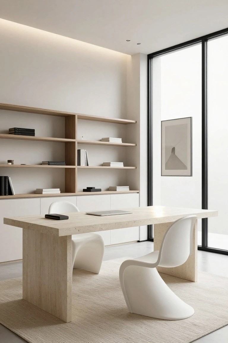Modern minimalist home office featuring a beige travertine desk with two white molded plastic chairs, oak wall-mounted shelves with books, and large black-framed floor-to-ceiling windows overlooking a light floor with beige rug.