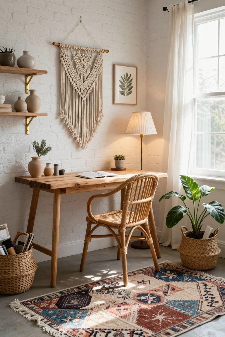 Home office corner with white brick walls, wooden desk holding open notebook, rattan armchair, potted plants in woven baskets, macrame wall hanging, floating wooden shelves with ceramic pots, table lamp, sheer curtains on window, and colorful patterned rug on floor.