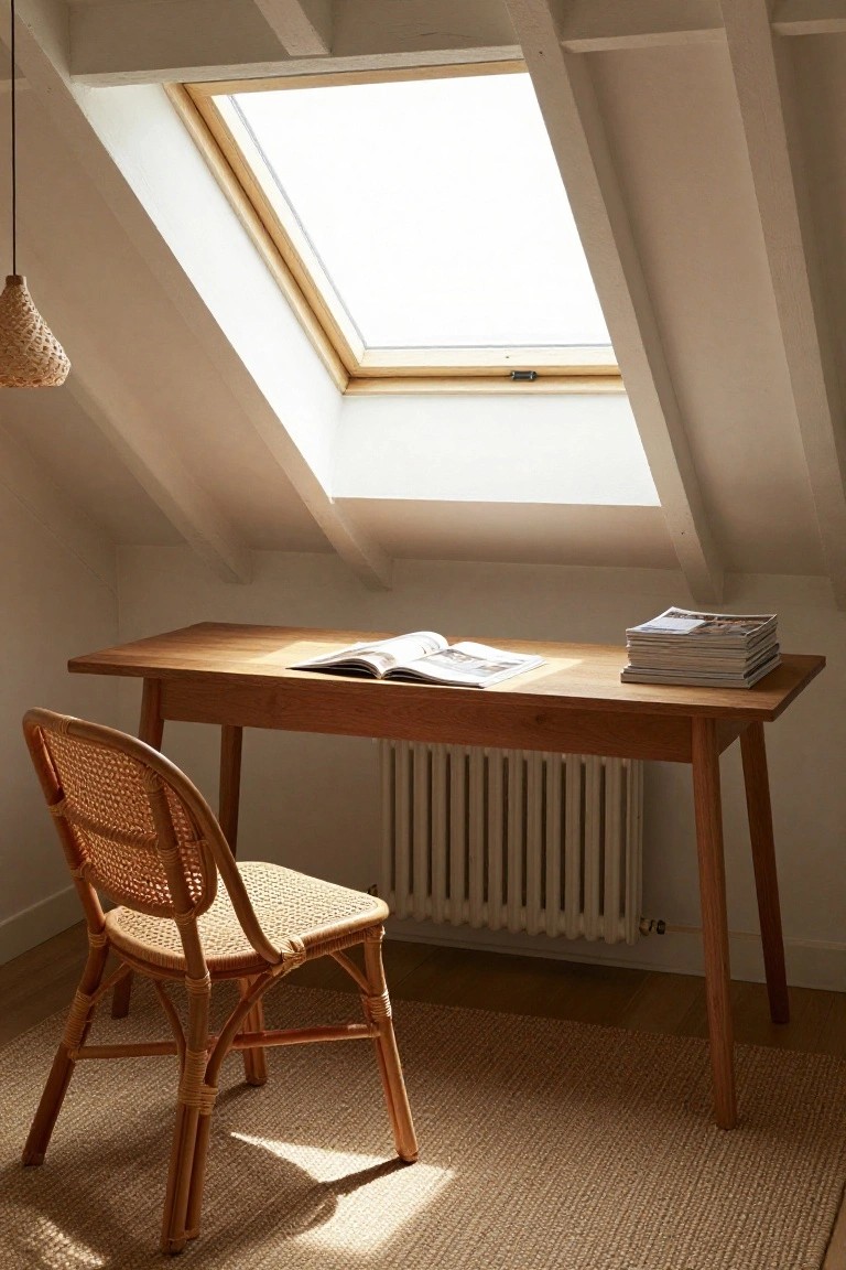 Wooden desk with open magazine and stacked magazines on top in white attic room with sloped ceiling, skylight, rattan chair, pendant lamp, radiator below desk, and seagrass rug on wood floor