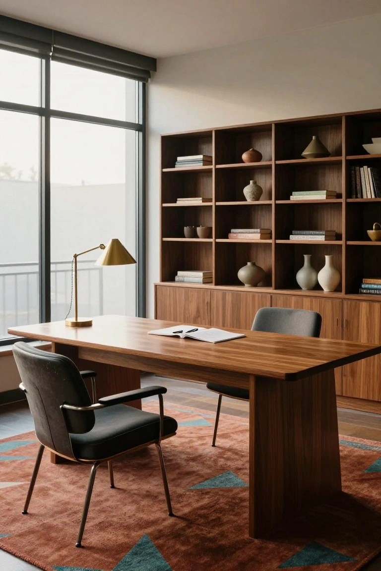 Modern home office with large wooden desk, black leather chair, gold adjustable lamp, extensive wooden shelving stocked with books and ceramic vases, large window with blinds, and terracotta rug with teal triangle pattern.