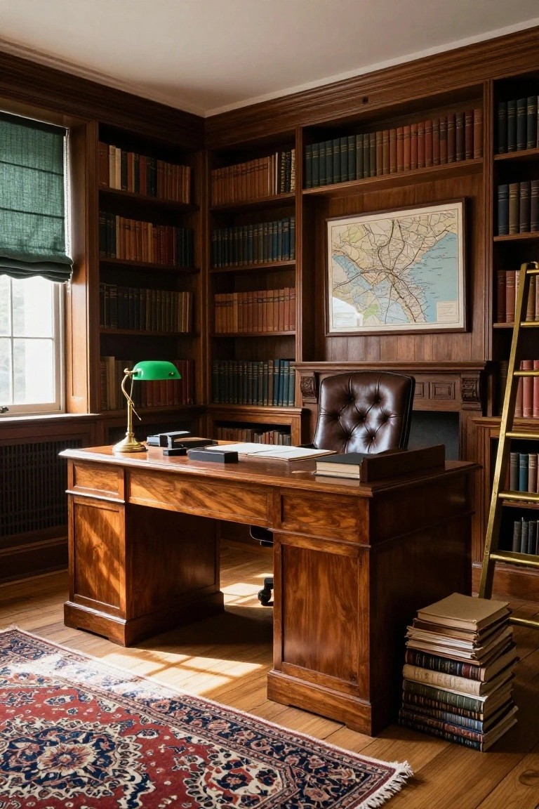 Wood-paneled corner office with floor-to-ceiling bookshelves filled with books, wooden desk, green-shaded desk lamp, tufted leather armchair, gold ladder, framed map on wall, and Persian rug on wood floor.