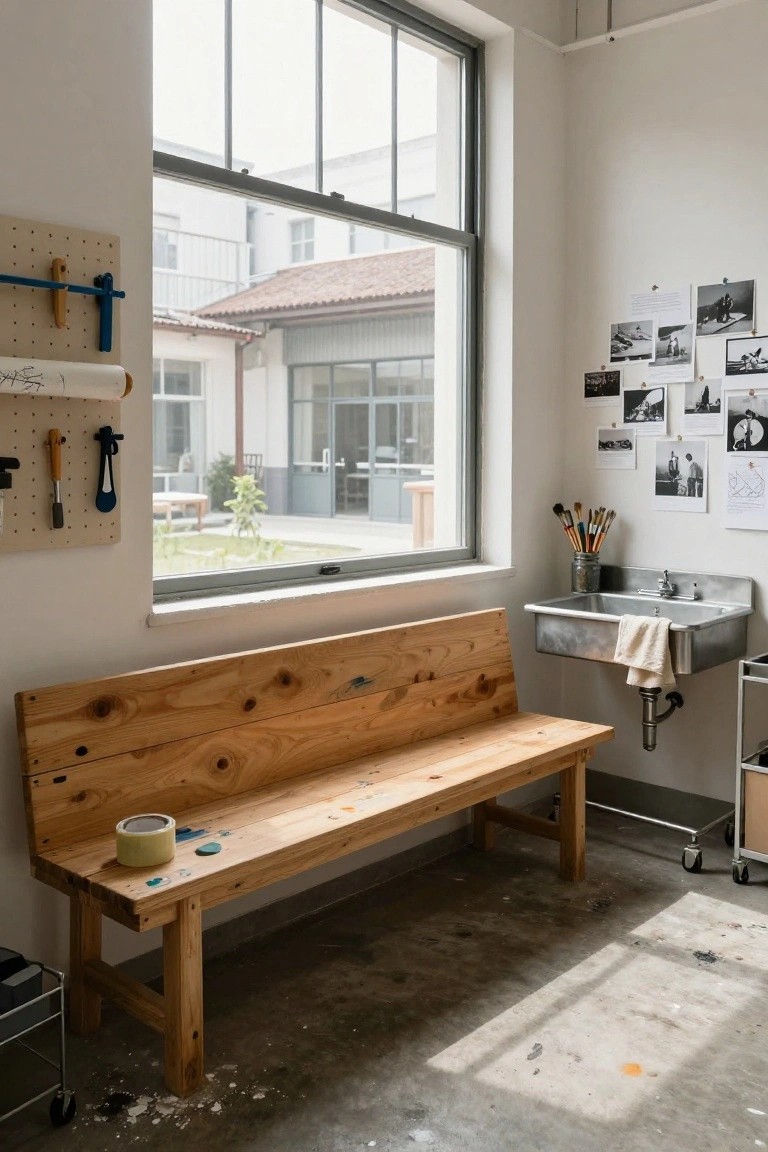 White interior room with long raw wooden bench, metal utility sink and towel, pegboard tools, paintbrushes in jar, and large window to courtyard.