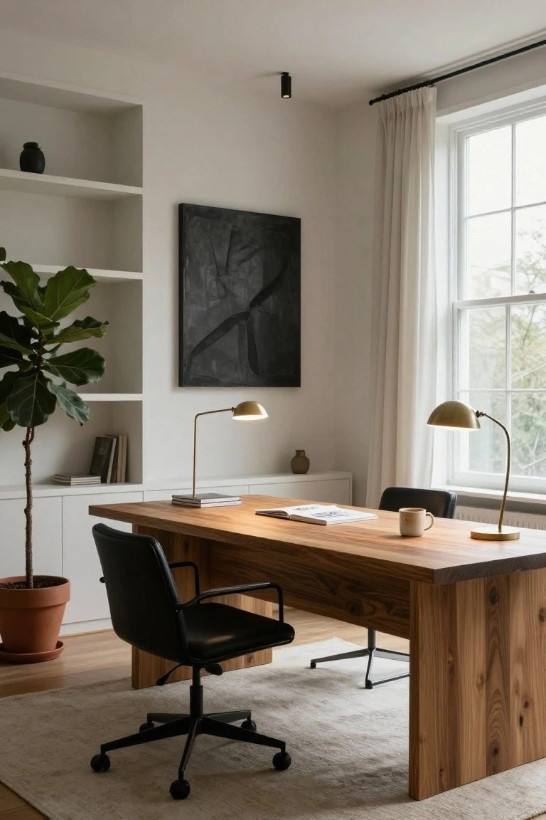Modern minimalist wooden desk with black chairs in a bright office.