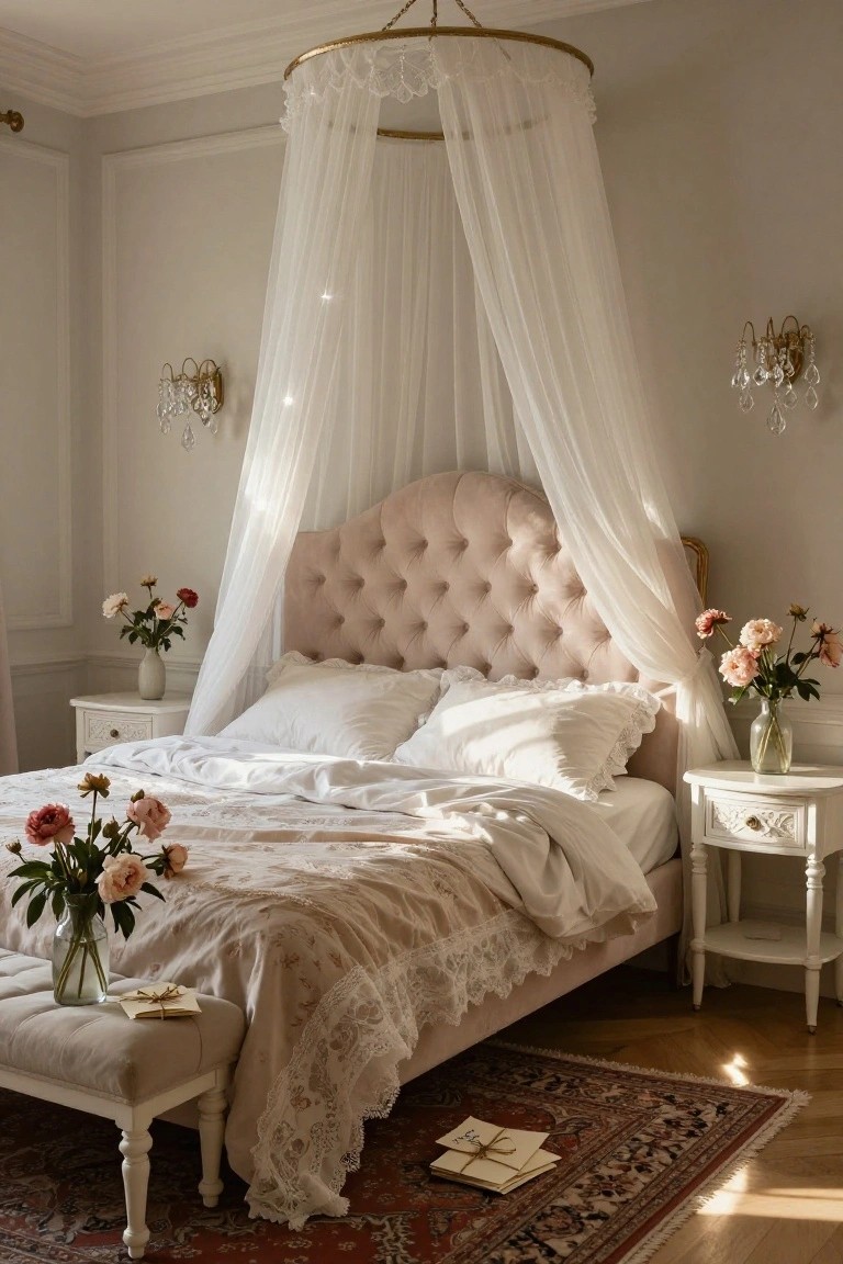 Bedroom interior with blush pink tufted velvet upholstered bed under white sheer canopy from gold hoop ceiling fixture, white pillows and linens on bed, nightstands holding rose vases, crystal wall sconces, upholstered bench, and patterned rug on wood floor.