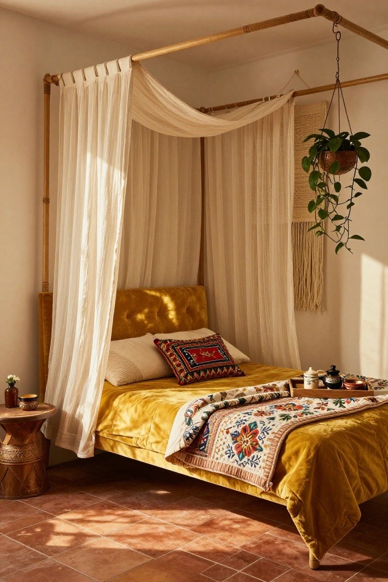Bedroom with mustard yellow velvet upholstered bed under bamboo pipe canopy with sheer white drapes, colorful pillows and quilt, side table with vase, hanging plant, macrame wall hanging, on terracotta tile floor.