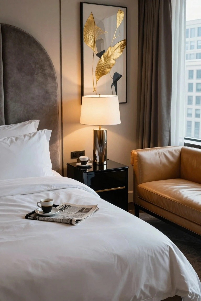 A hotel bedroom with a king-sized bed featuring a curved gray upholstered headboard, white bedding holding a coffee cup and saucer with newspaper, black bedside table with lamp and espresso cup, tan leather armchair, and large window showing city buildings.