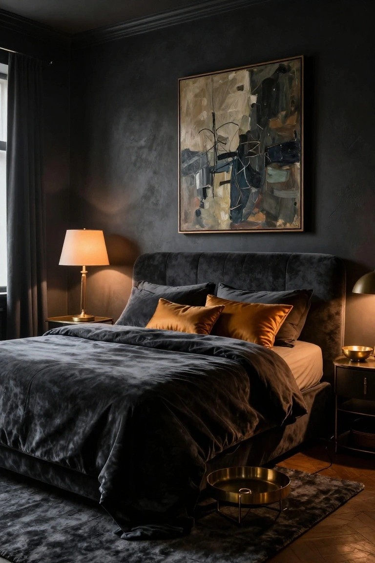 Bedroom with dark gray velvet upholstered bed frame, orange satin pillows, brass nightstands and lamps, abstract painting on textured wall, and gold tray on floor.