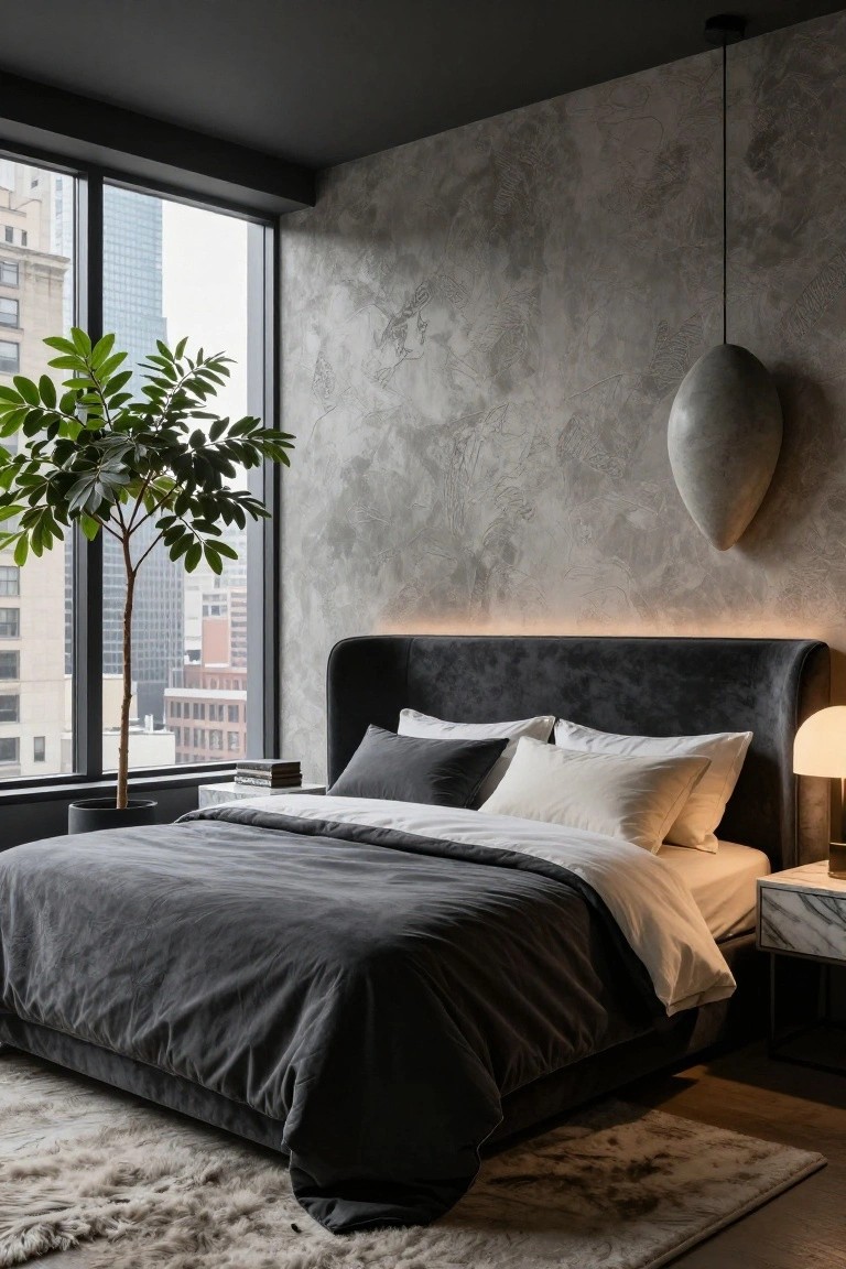 Modern bedroom featuring a dark velvet upholstered bed with backlit headboard, large floor-to-ceiling windows showing city views, potted tree, gray textured walls, and marble nightstand.