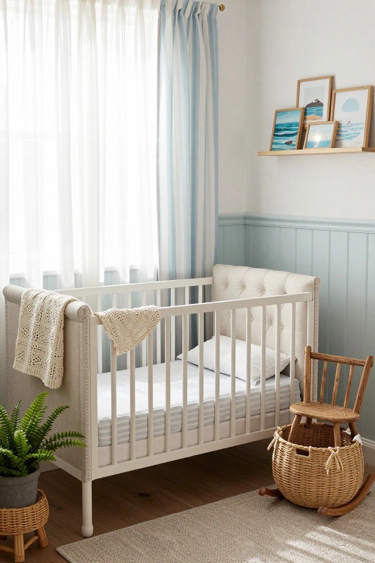White tufted upholstered crib with draped knitted blankets and striped mattress in a nursery room with light blue wainscoting, sheer curtains, wooden rocking chair, potted plant, and ocean-themed framed artwork on a shelf.