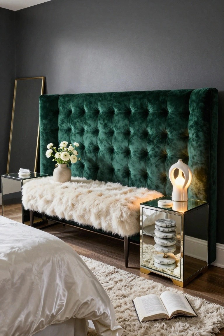 Bedroom interior with emerald green tufted velvet upholstered headboard on a bed with white duvet, sheepskin-covered bench at foot, mirrored nightstand holding white lamp and vase, gray walls, and fluffy rug on wood floor.